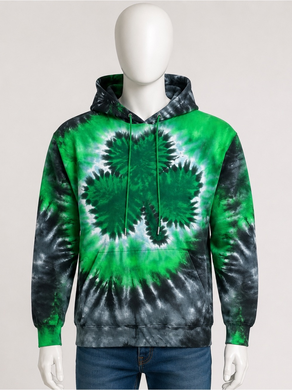 Green Tie-Dye Shamrock Hoodie Pullover Sweatshirt EUC